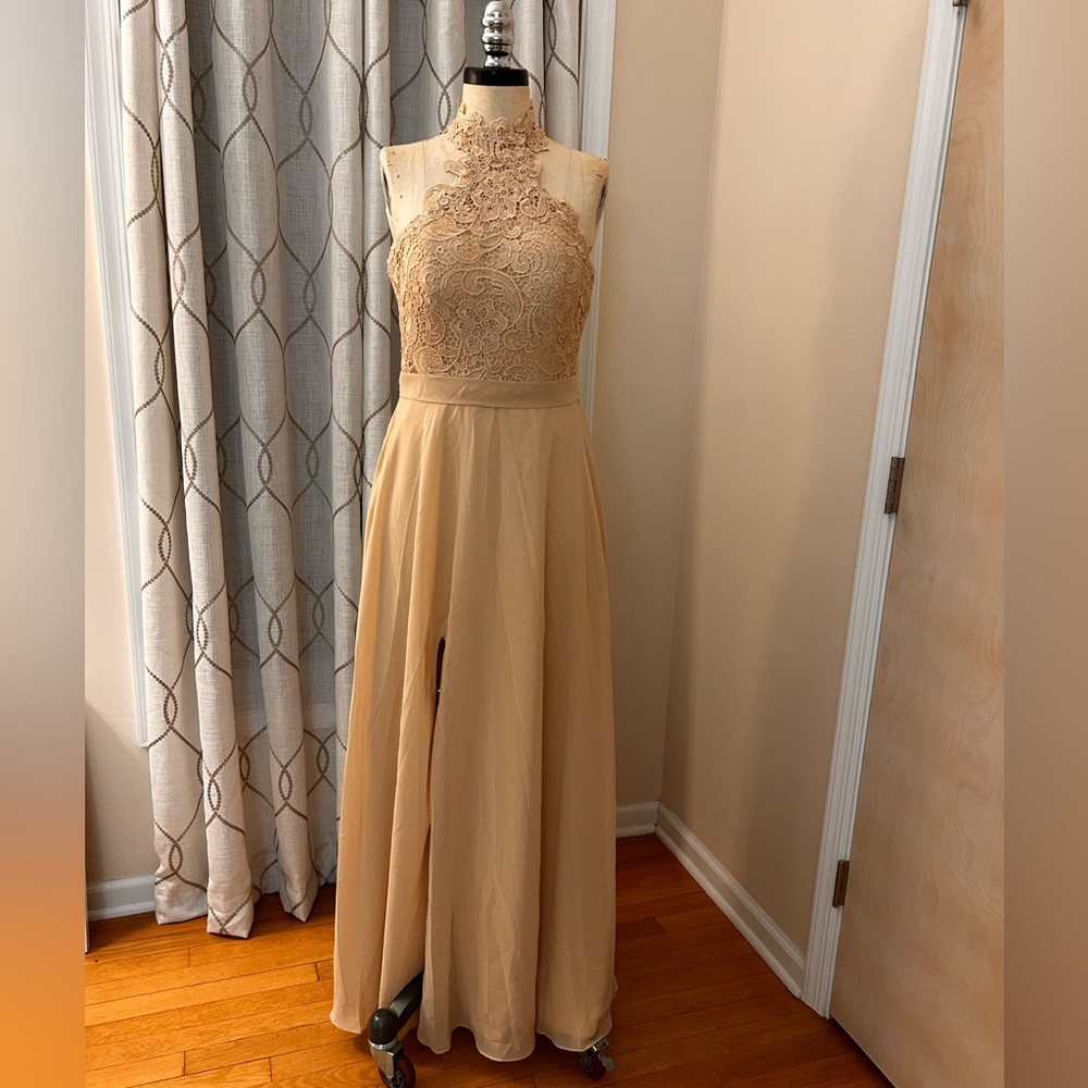 BEIGE LACE & CHIFFON HALTER DRESS